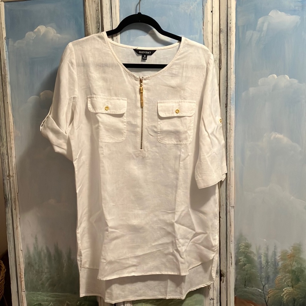 Ellen Tracy White Linen Blouse Size M